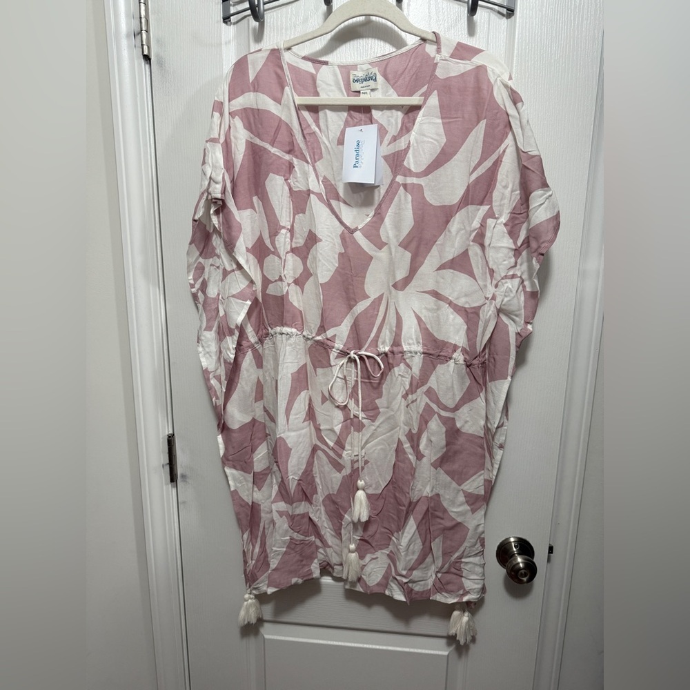Poolside Paradiso Swim Coverup‎ Women’s M/L pink white Mini dress Beach Tropical